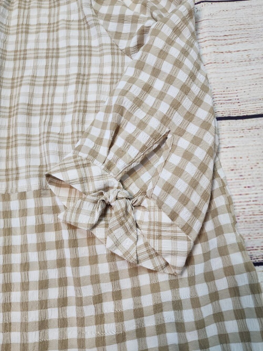 Susan Graver 2XL Yarn Dyed Gingham Button Front Shirt Tunic Raffia Tan Patchwork - Picture 6 of 12